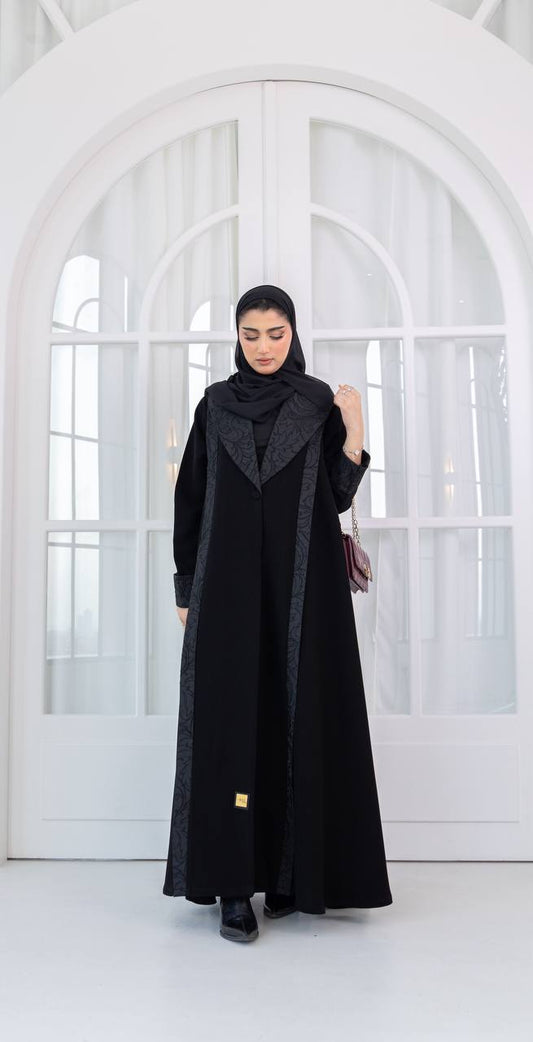 Black crepe abaya with jacquard. C:1082