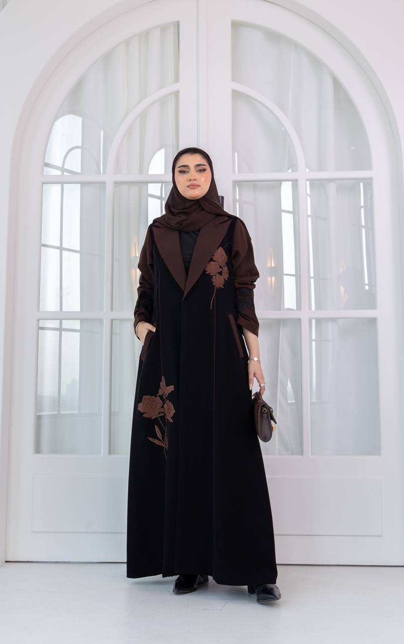 Black crepe abaya with brown embroidery. C:1083