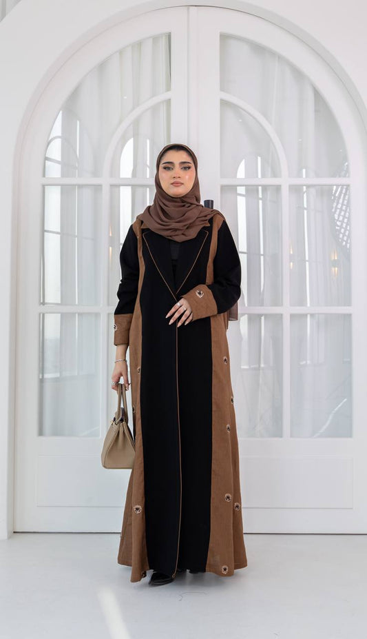 Crepe abaya with linen, with hand embroidery and beading. C:1084