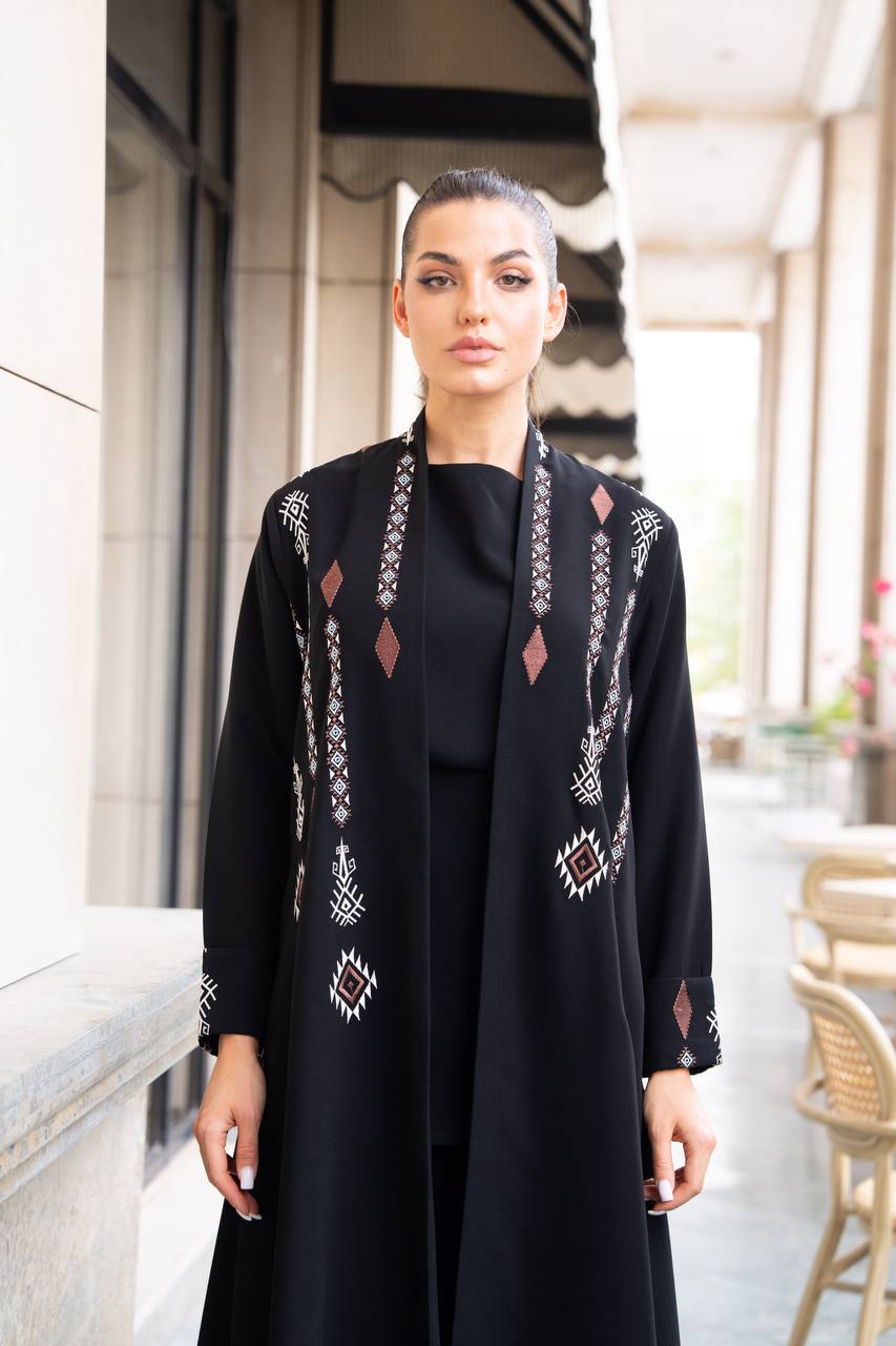 Black crepe abaya with embroidery. C:1090