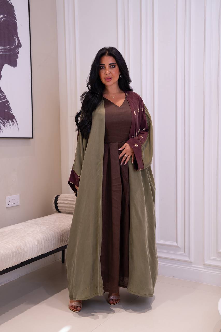 Olive green silk crepe bisht with beading and embroidery. C:1086