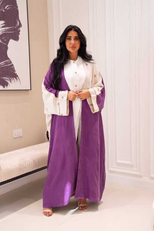 Purple silk crepe bisht with beading and embroidery. C:1086