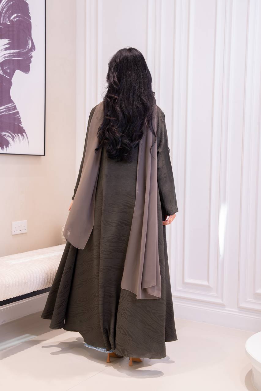Jacquard fabric abaya in olive green. C:1095