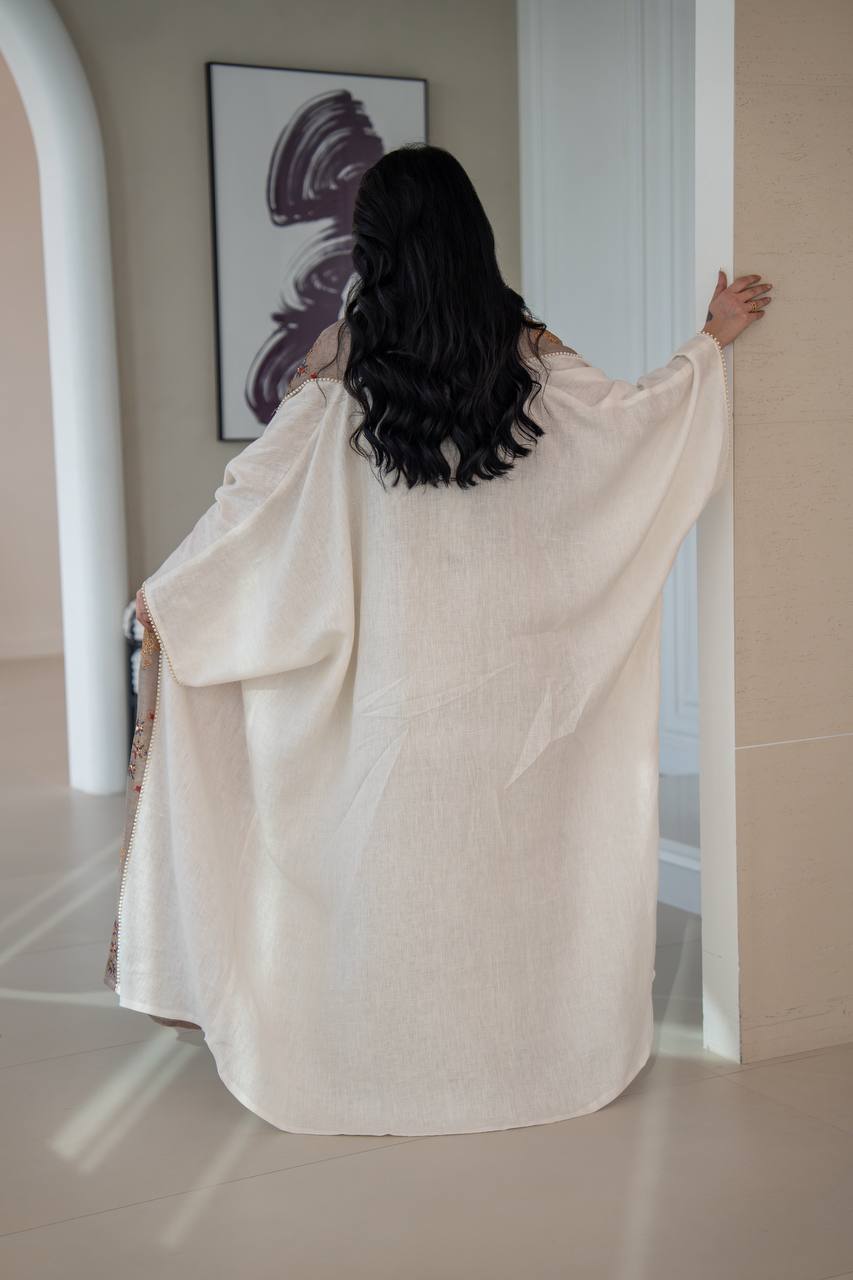 Linen bisht abaya with beading and embroidery