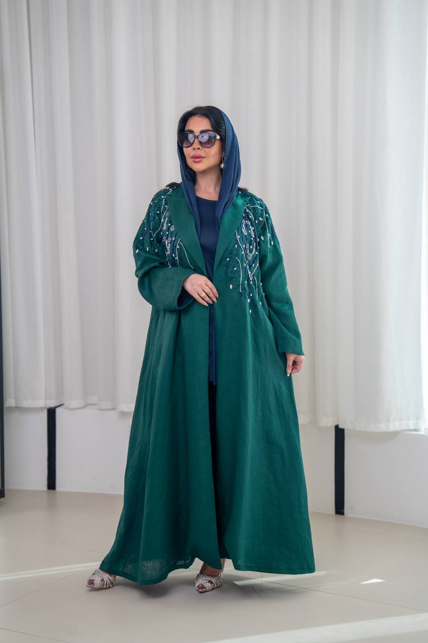 Green linen blazer abaya with hand-stitched details
