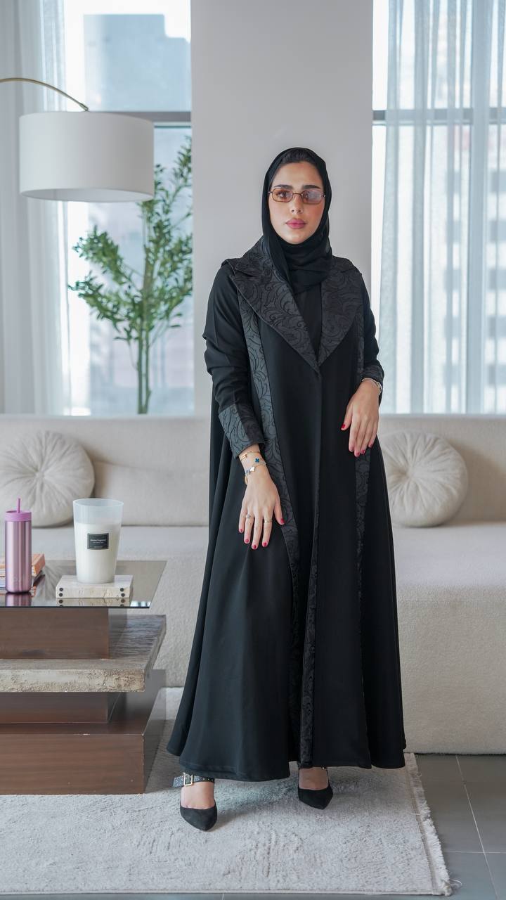 Black crepe abaya with jacquard.C:1078