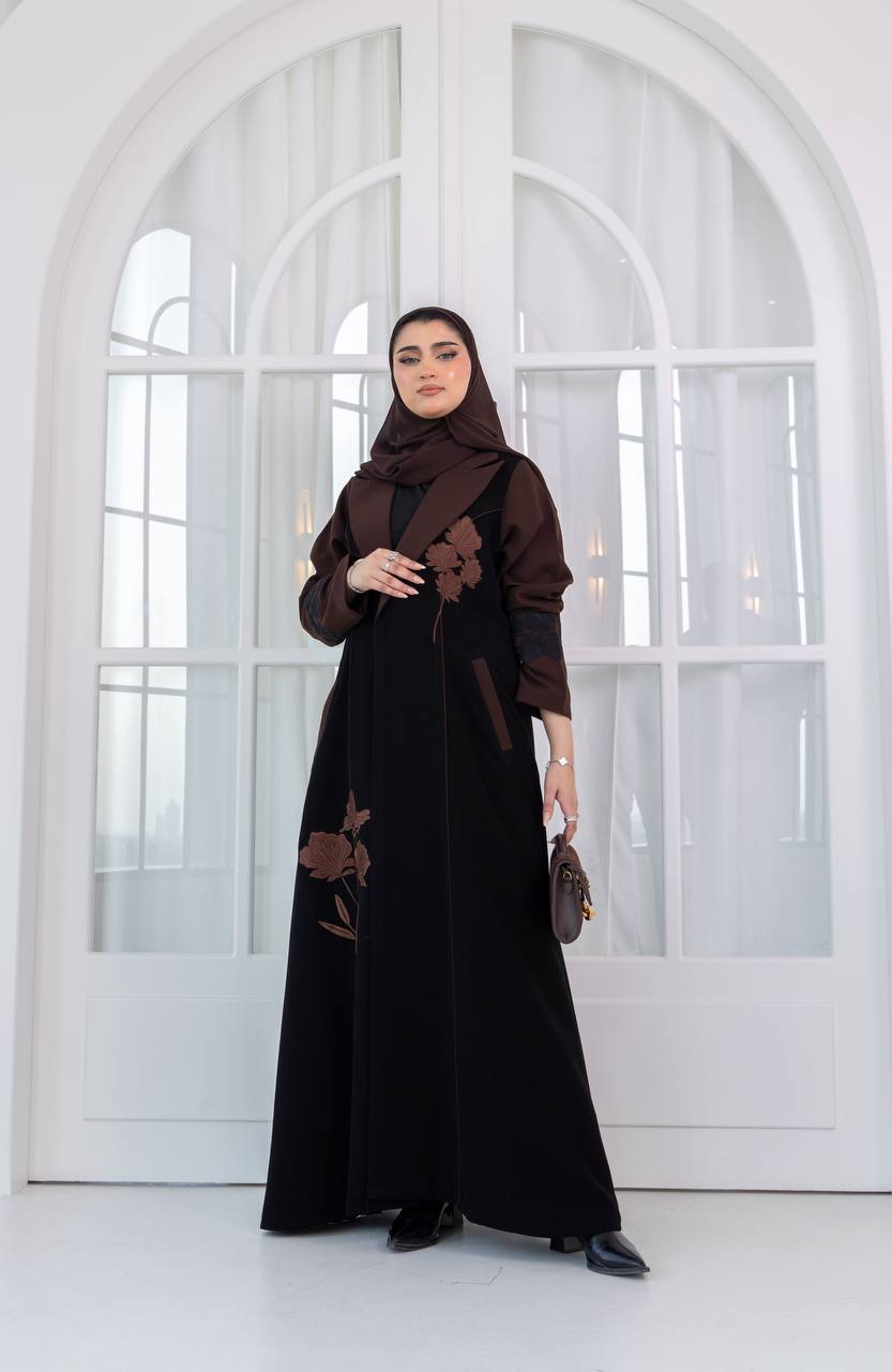 Black crepe abaya with brown embroidery. C:1083