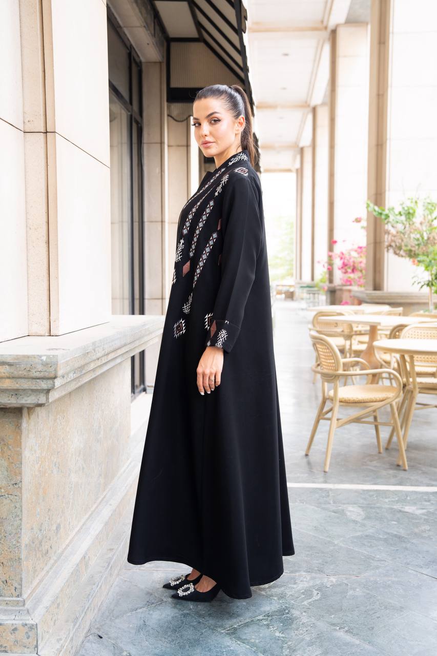 Black crepe abaya with embroidery. C:1090