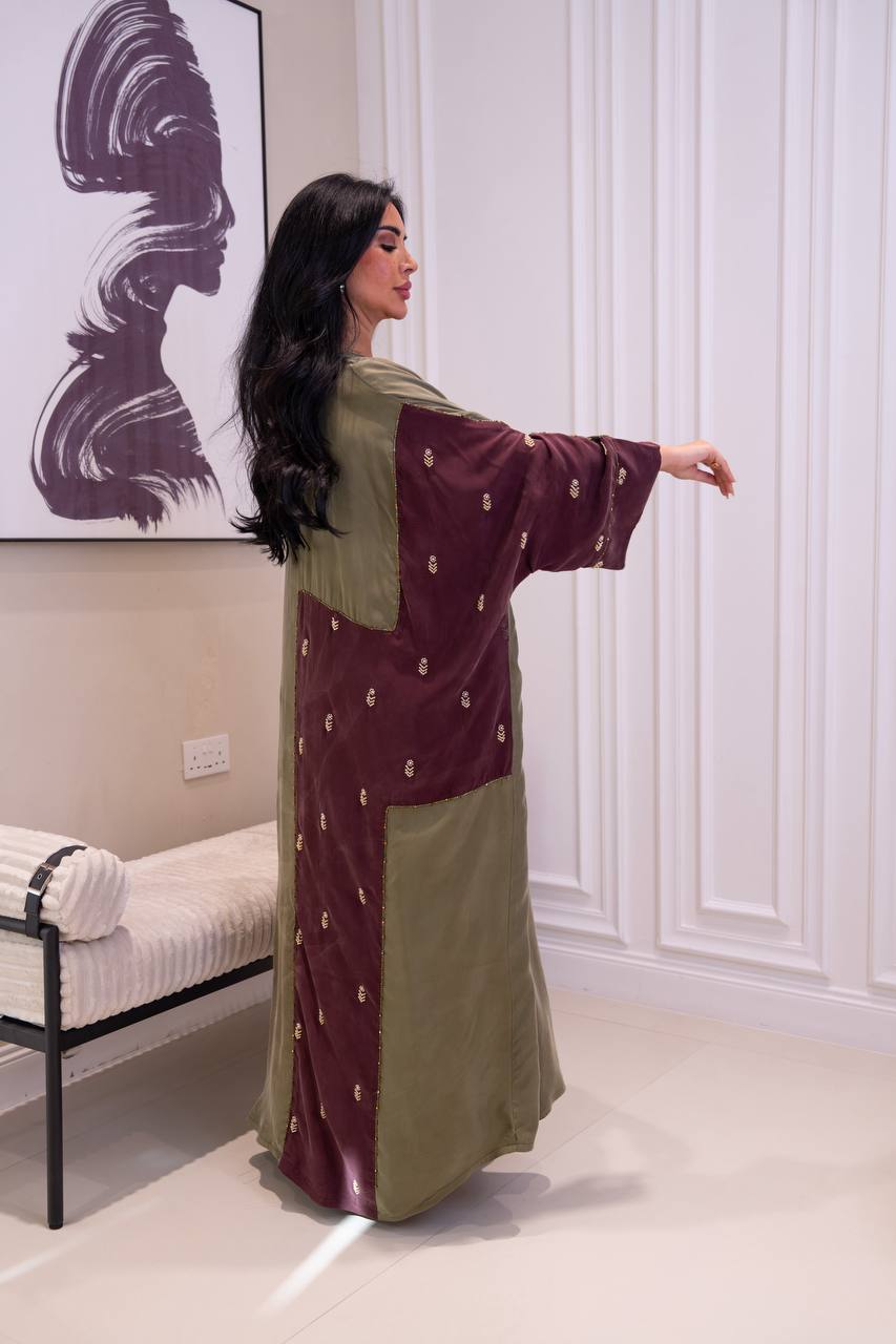 Olive green silk crepe bisht with beading and embroidery. C:1086