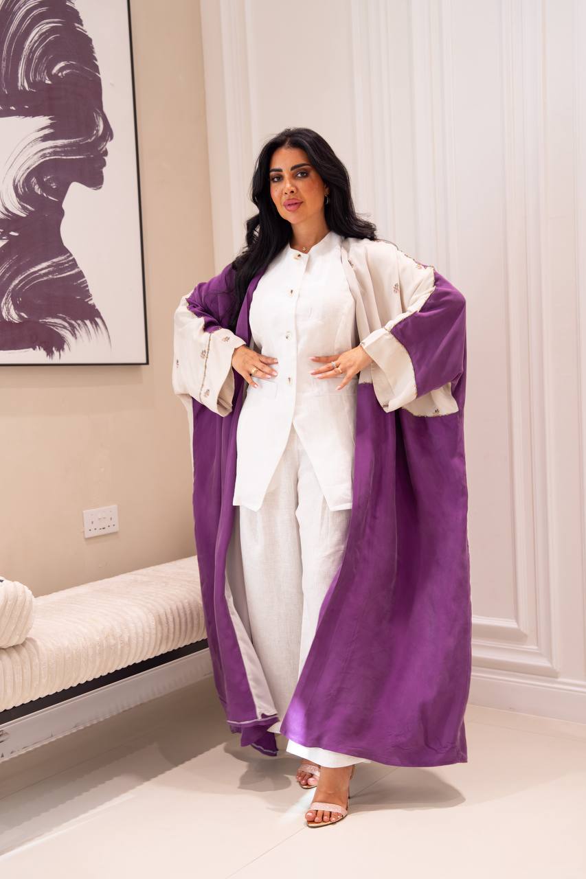 Purple silk crepe bisht with beading and embroidery. C:1086