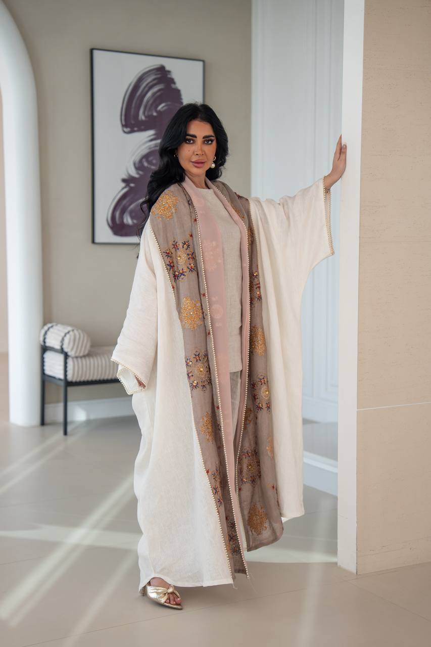Linen bisht abaya with beading and embroidery