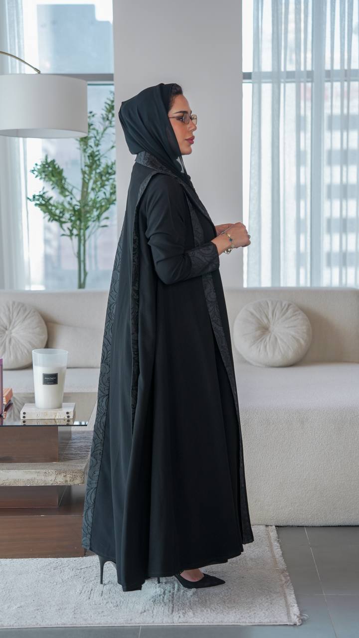 Black crepe abaya with jacquard.C:1078
