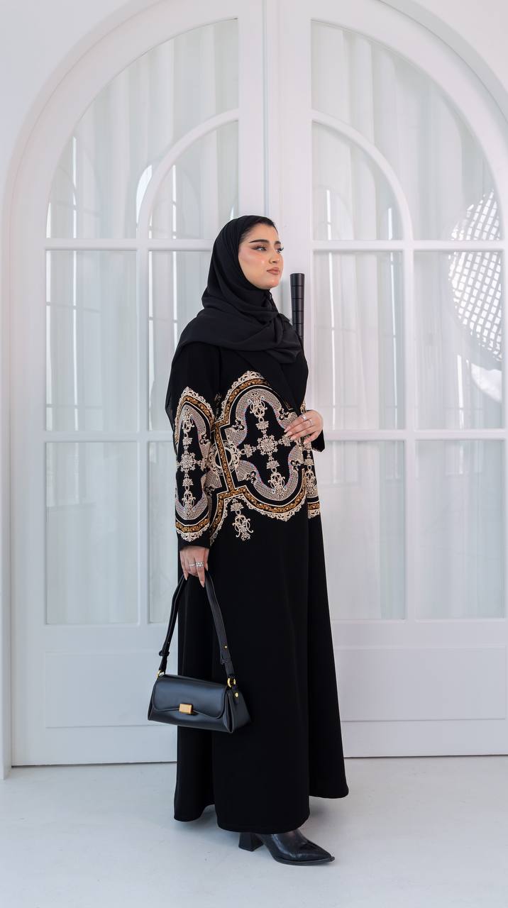 Black crepe fabric abaya with embroidery. C:1079
