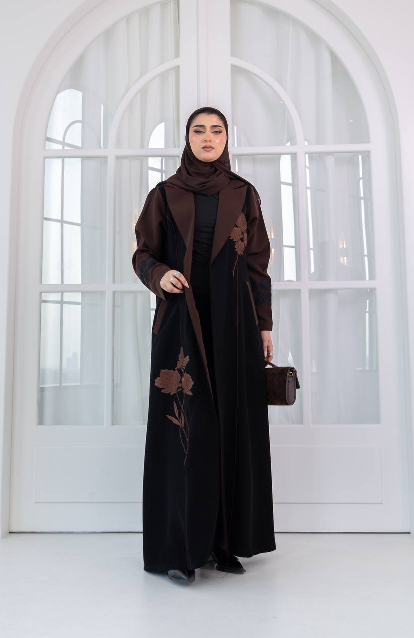 Black crepe abaya with brown embroidery. C:1083