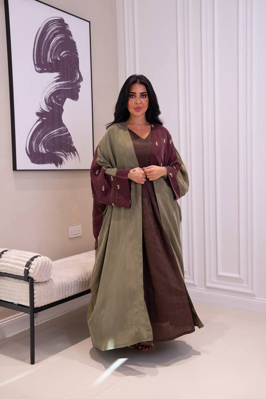Olive green silk crepe bisht with beading and embroidery. C:1086