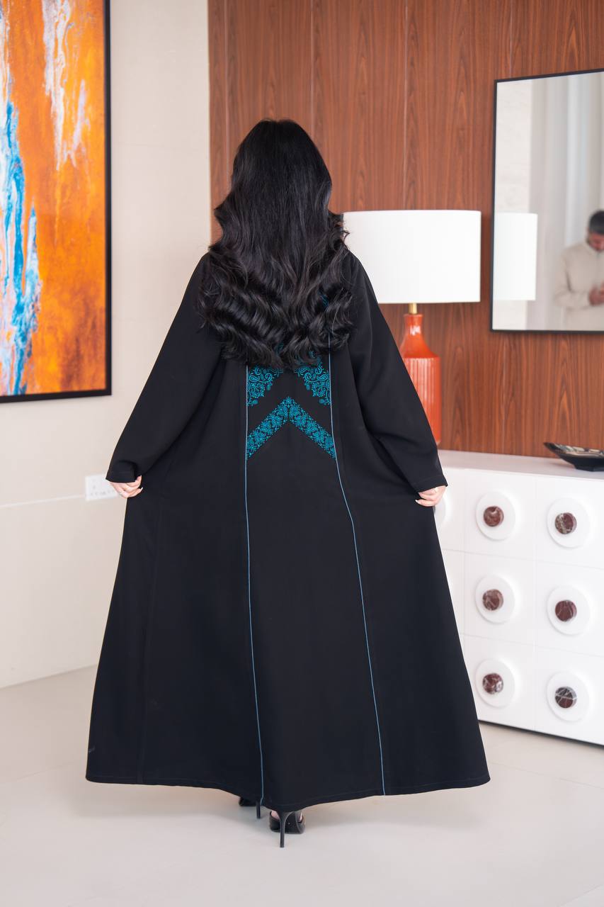Black crepe abaya with blue embroidery.C;1045