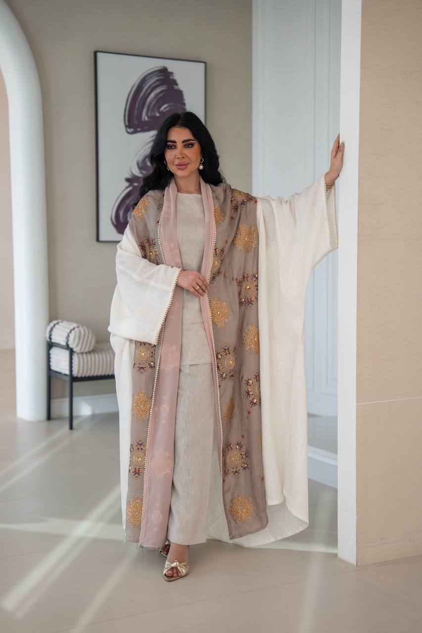 Linen bisht abaya with beading and embroidery