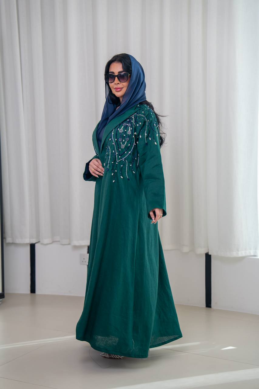 Green linen blazer abaya with hand-stitched details
