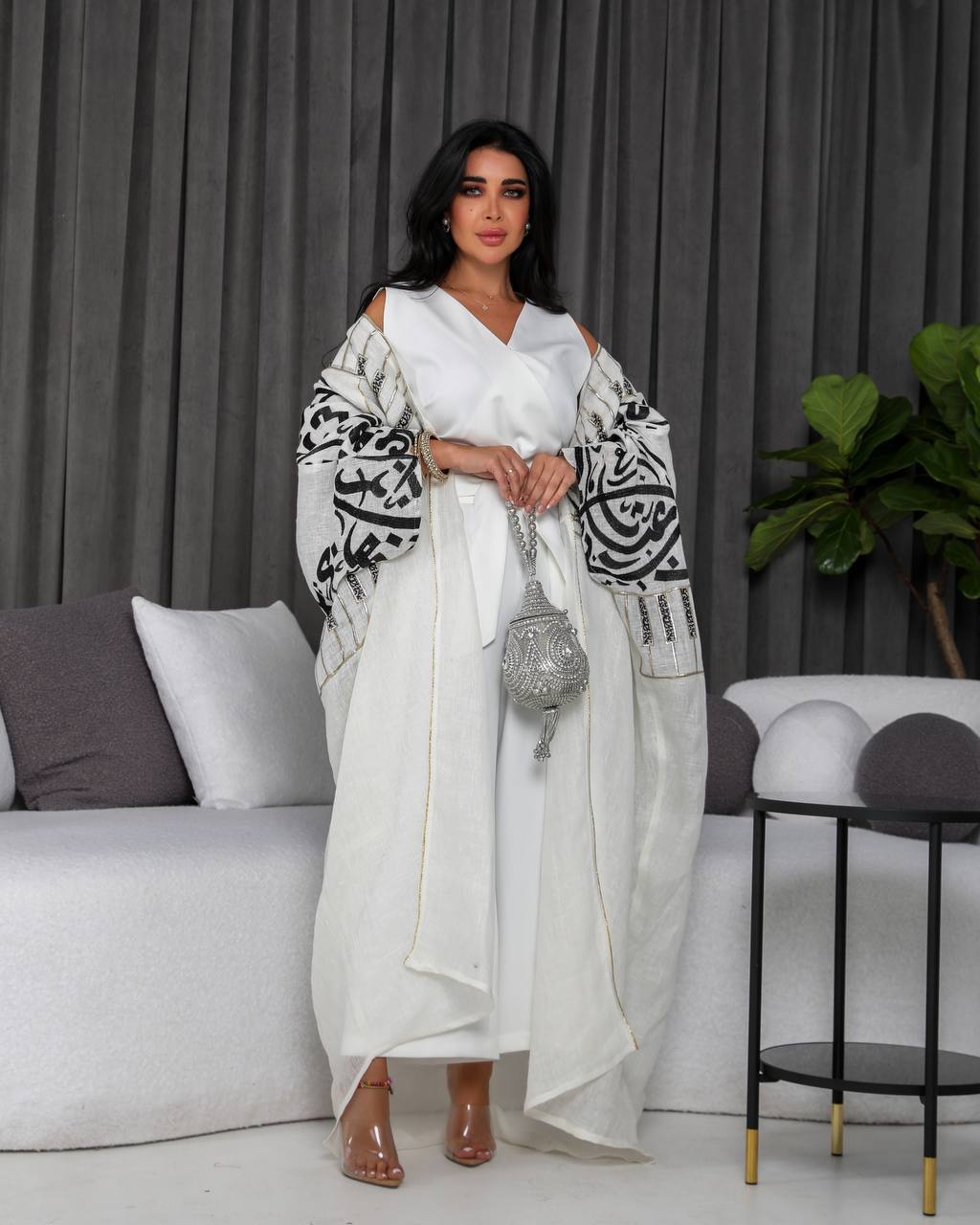 White abaya and jumpsuit set.C;1055