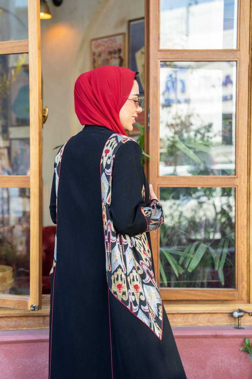 Black crepe abaya with embroidery.C;1062