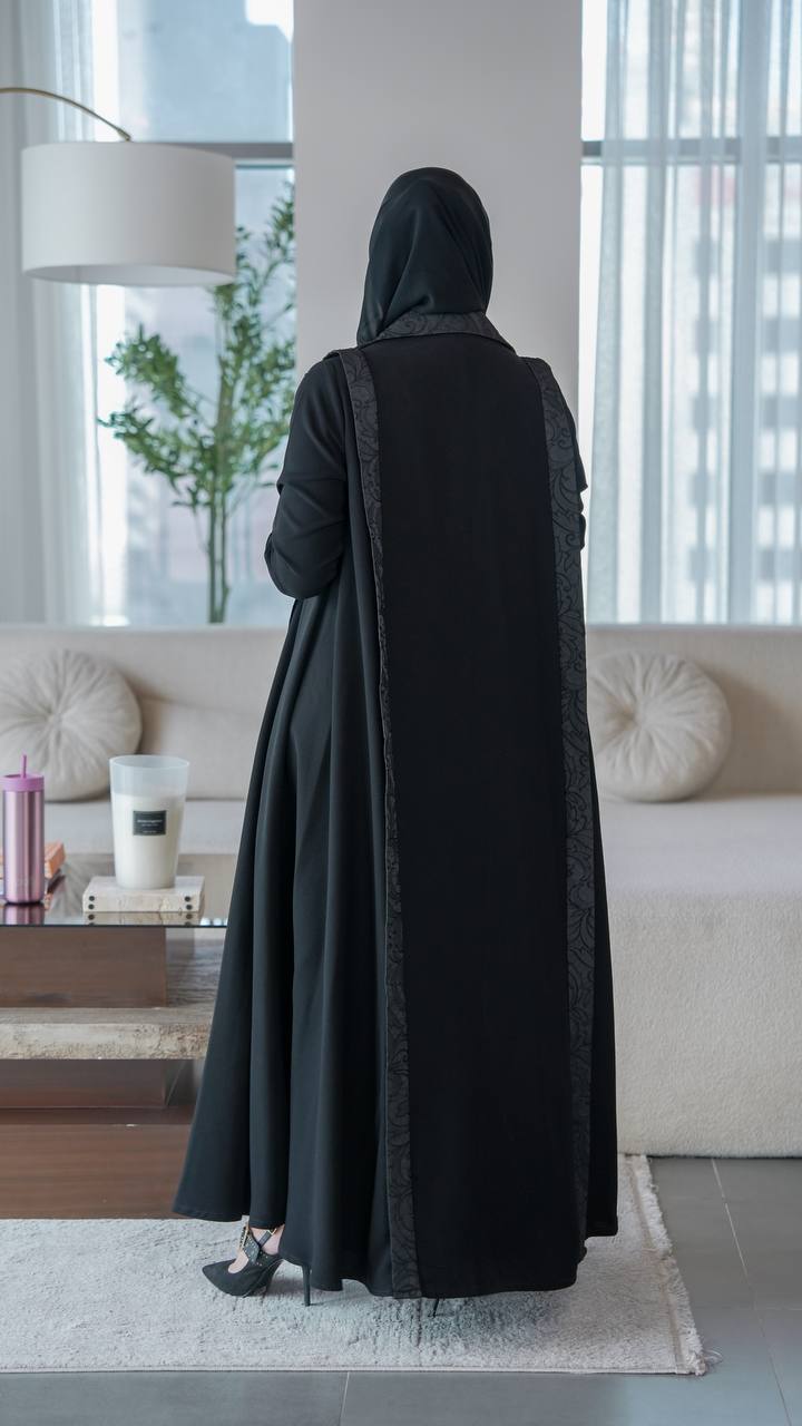 Black crepe abaya with jacquard.C:1078