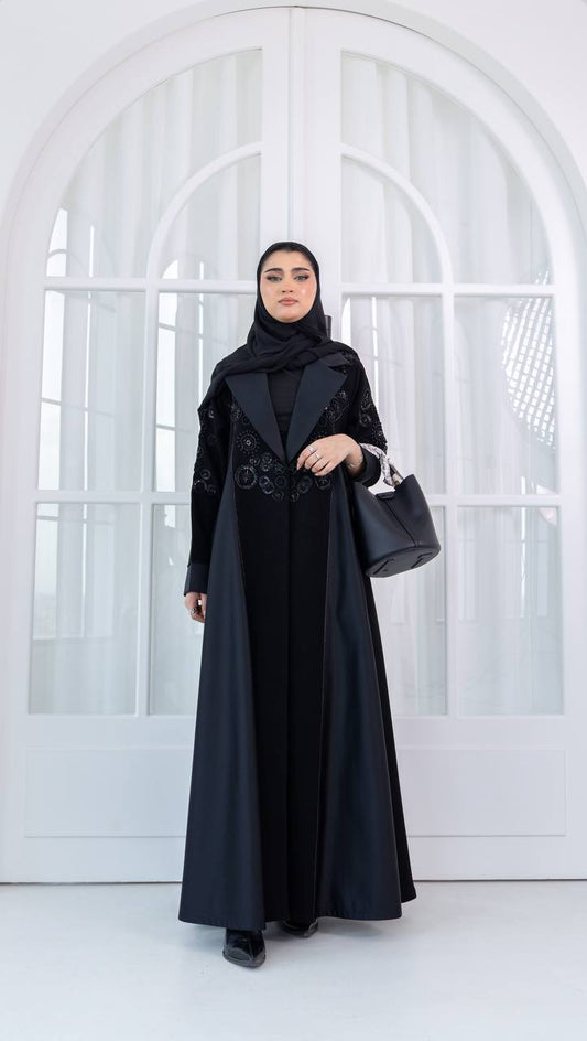 Crepe abaya with satin and hand-beaded details.C:1080