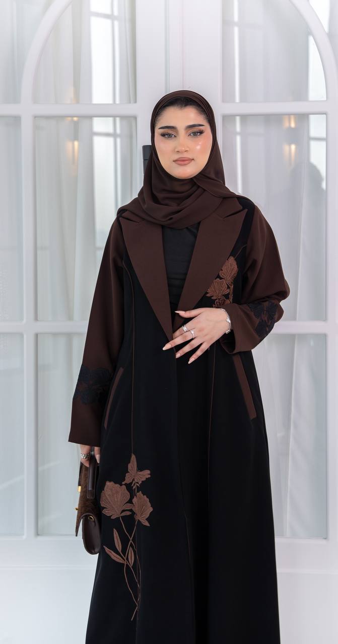 Black crepe abaya with brown embroidery. C:1083