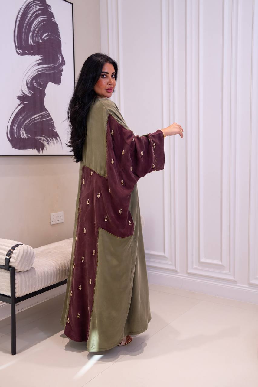 Olive green silk crepe bisht with beading and embroidery. C:1086