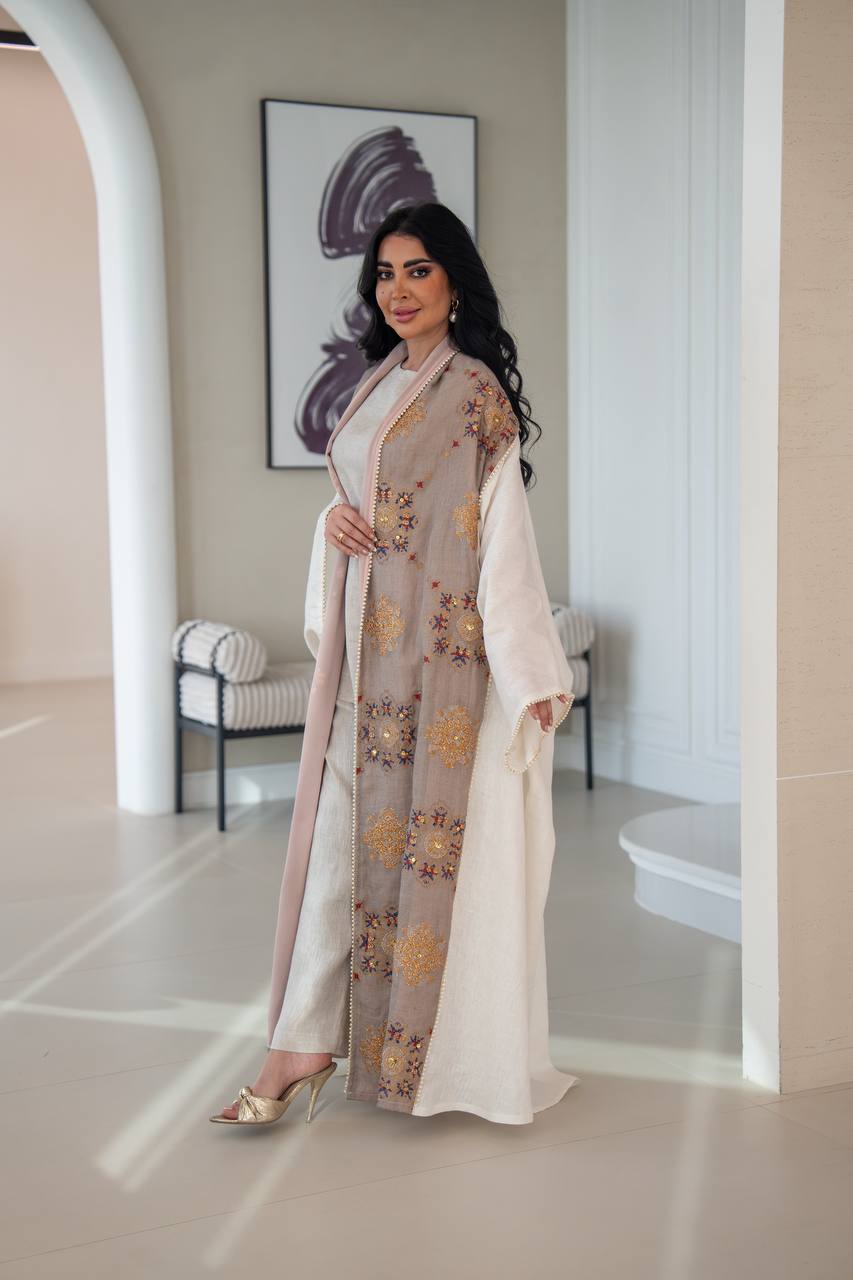 Linen bisht abaya with beading and embroidery