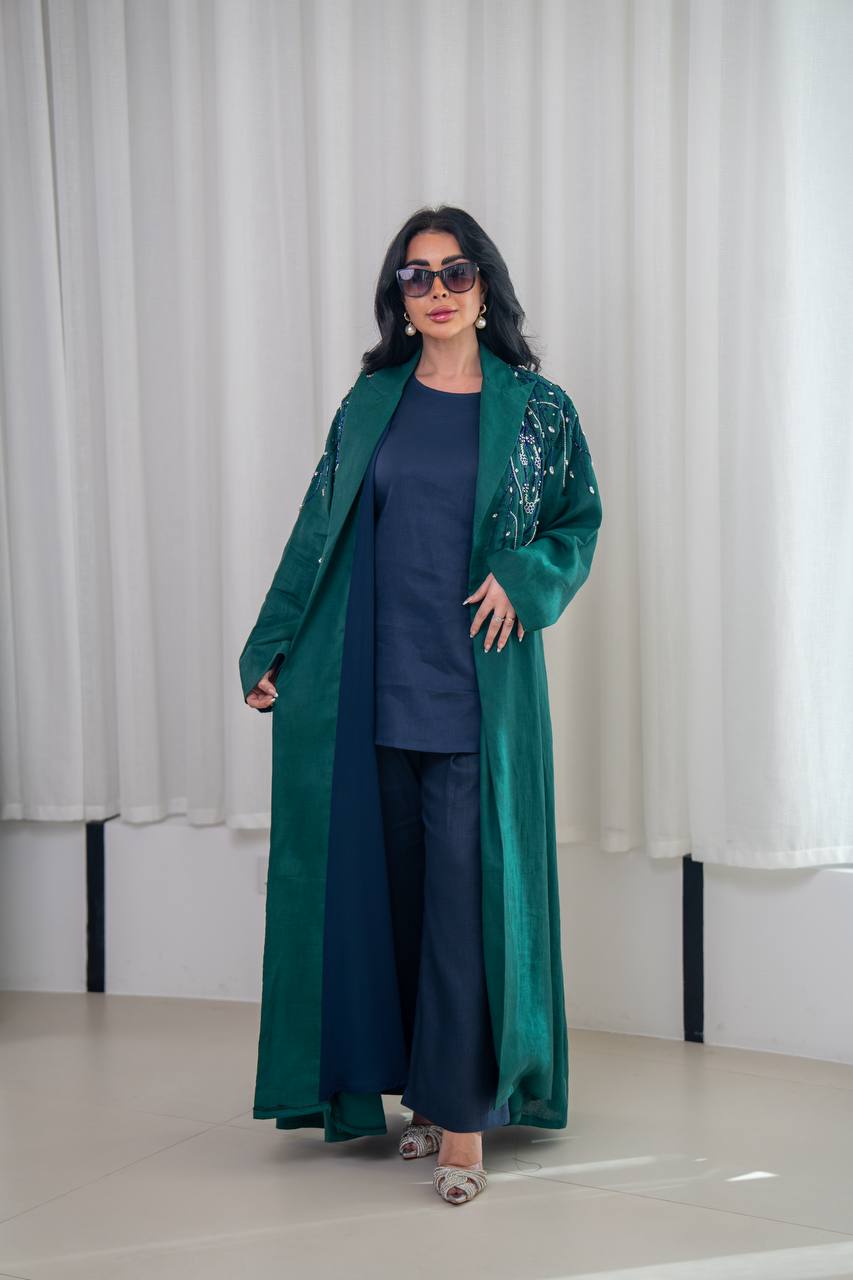 Green linen blazer abaya with hand-stitched details