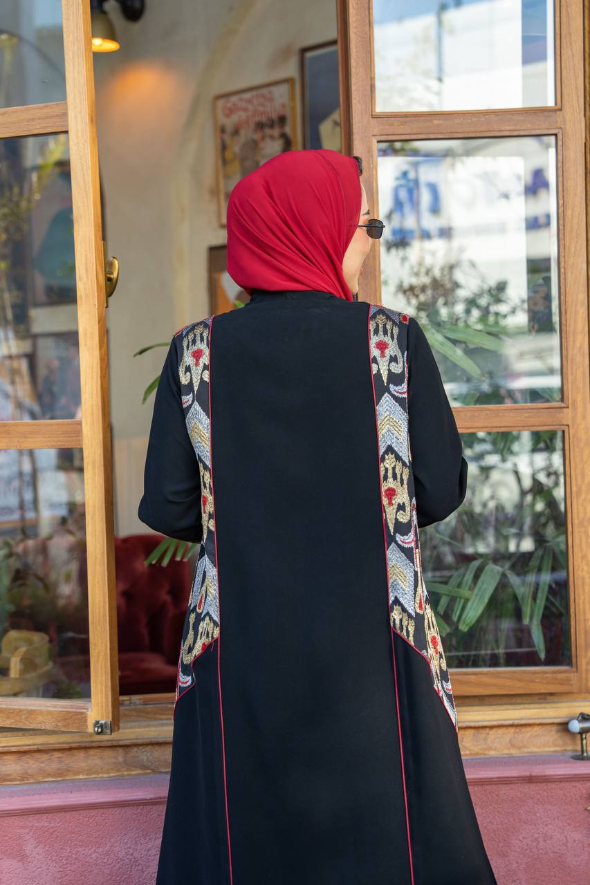 Black crepe abaya with embroidery.C;1062