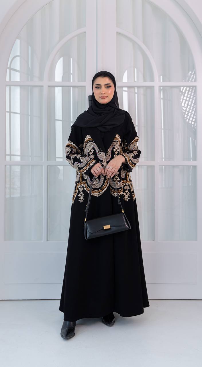 Black crepe fabric abaya with embroidery. C:1079