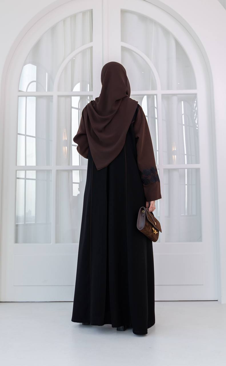 Black crepe abaya with brown embroidery. C:1083