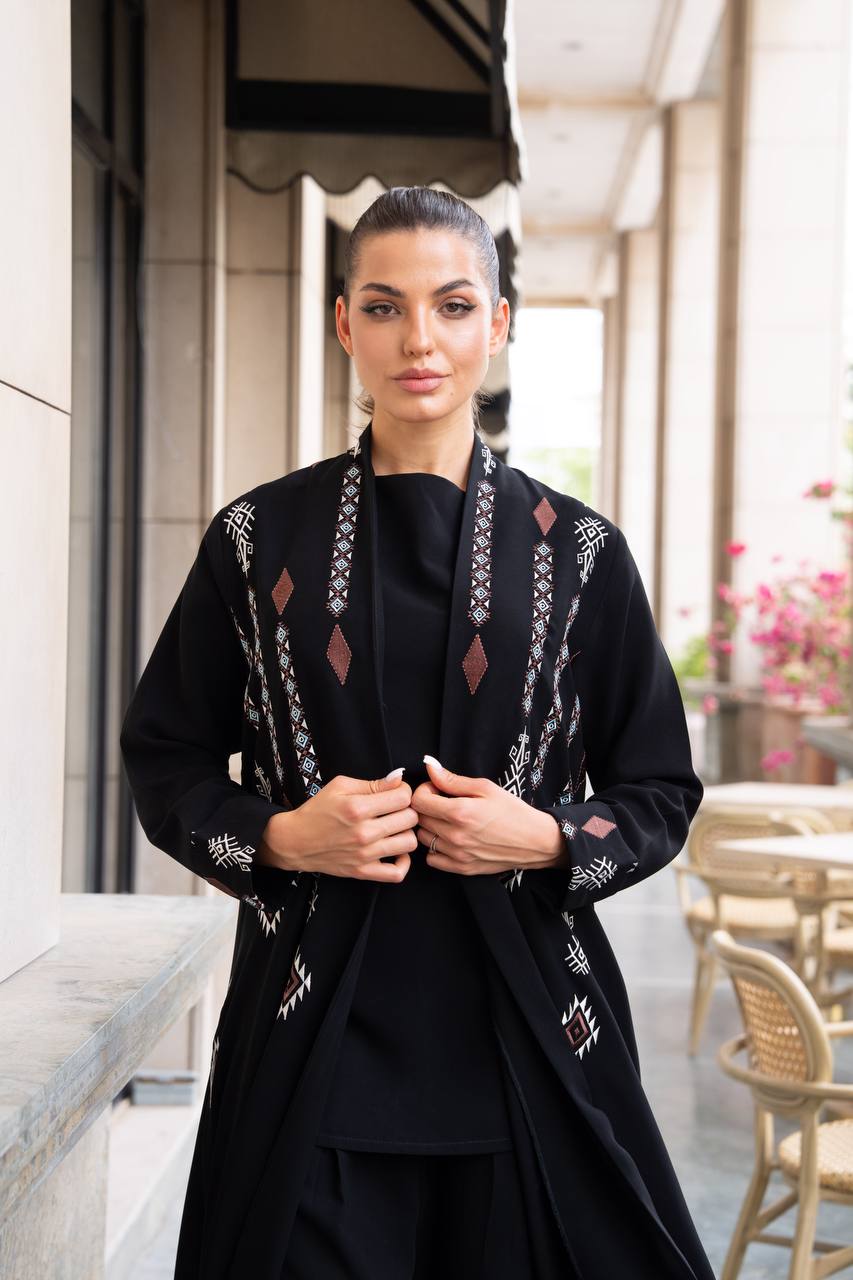 Black crepe abaya with embroidery. C:1090
