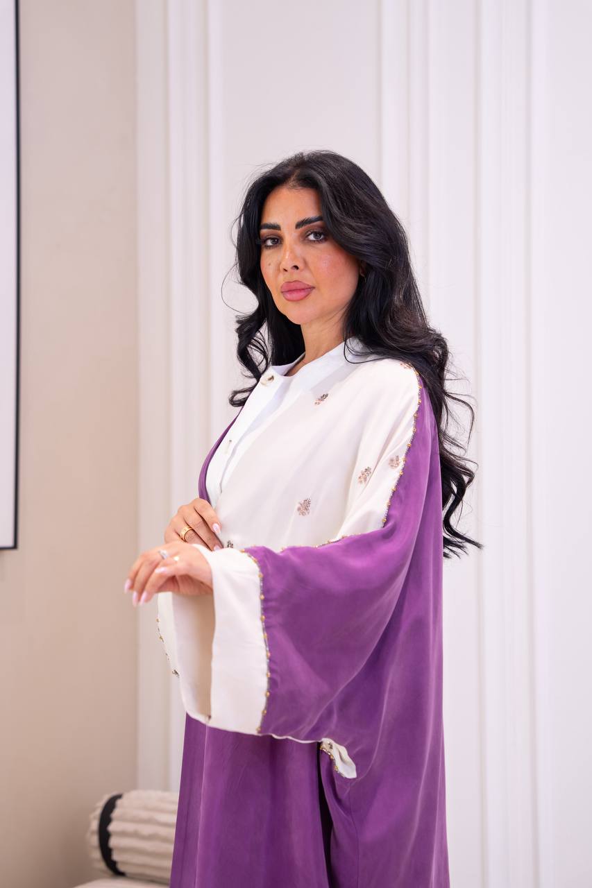 Purple silk crepe bisht with beading and embroidery. C:1086