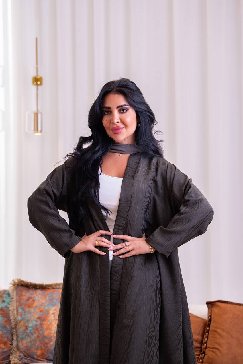 Jacquard fabric abaya in olive green. C:1095