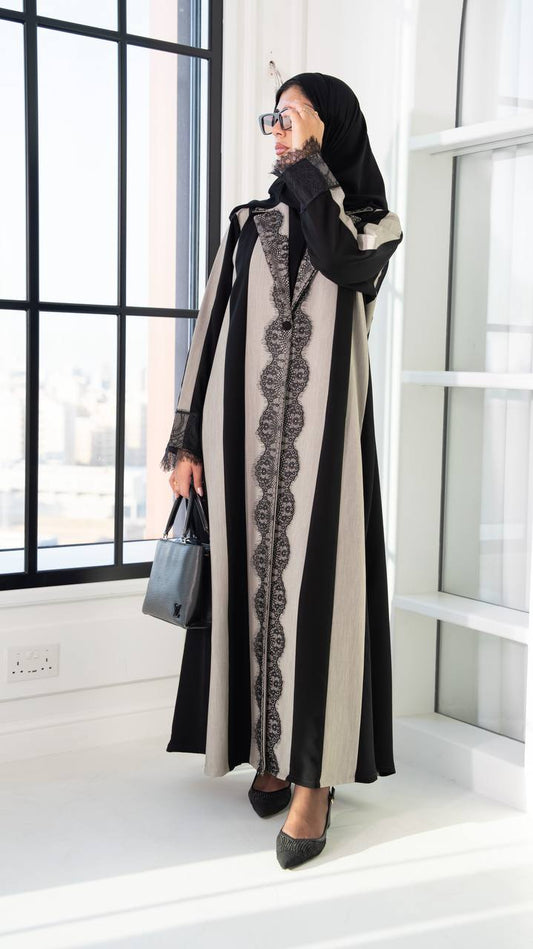 Black and beige crepe abaya with lace.C:1091