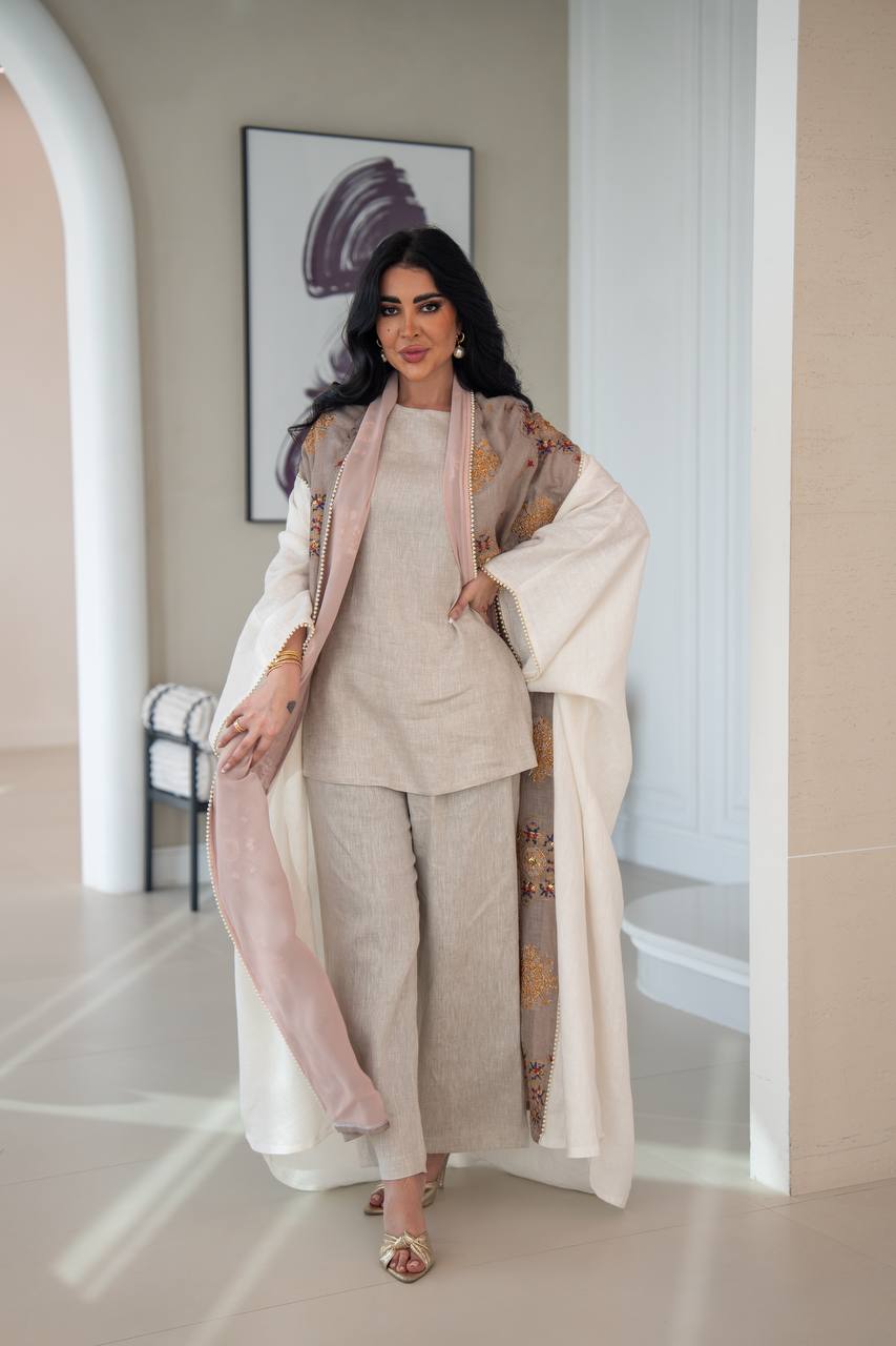 Linen bisht abaya with beading and embroidery
