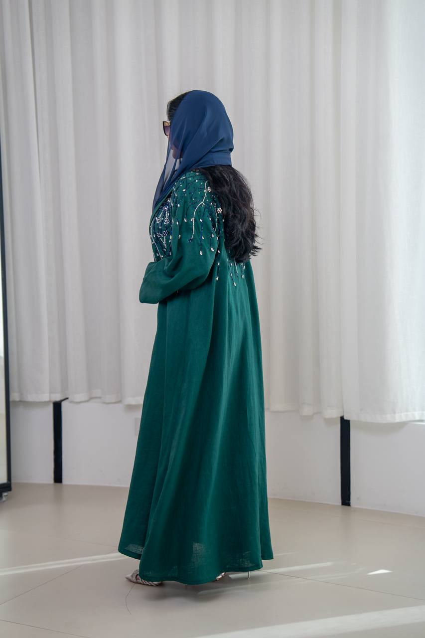 Green linen blazer abaya with hand-stitched details