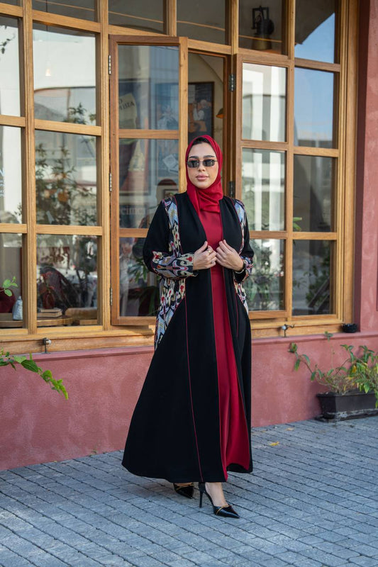 Black crepe abaya with embroidery.C;1062