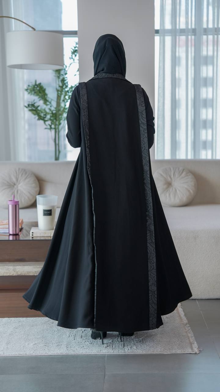 Black crepe abaya with jacquard.C:1078