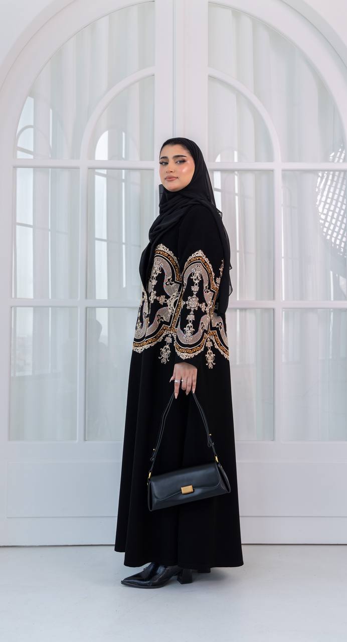 Black crepe fabric abaya with embroidery. C:1079