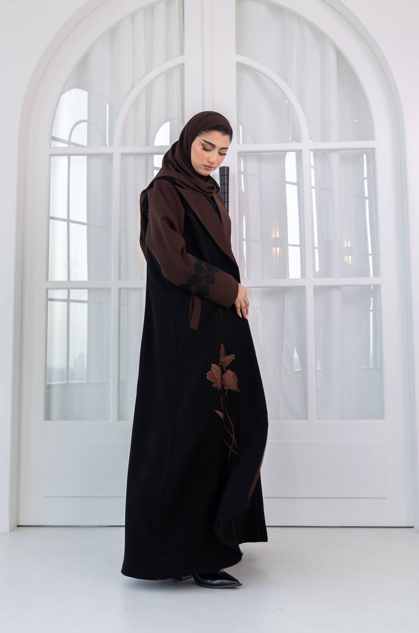 Black crepe abaya with brown embroidery. C:1083
