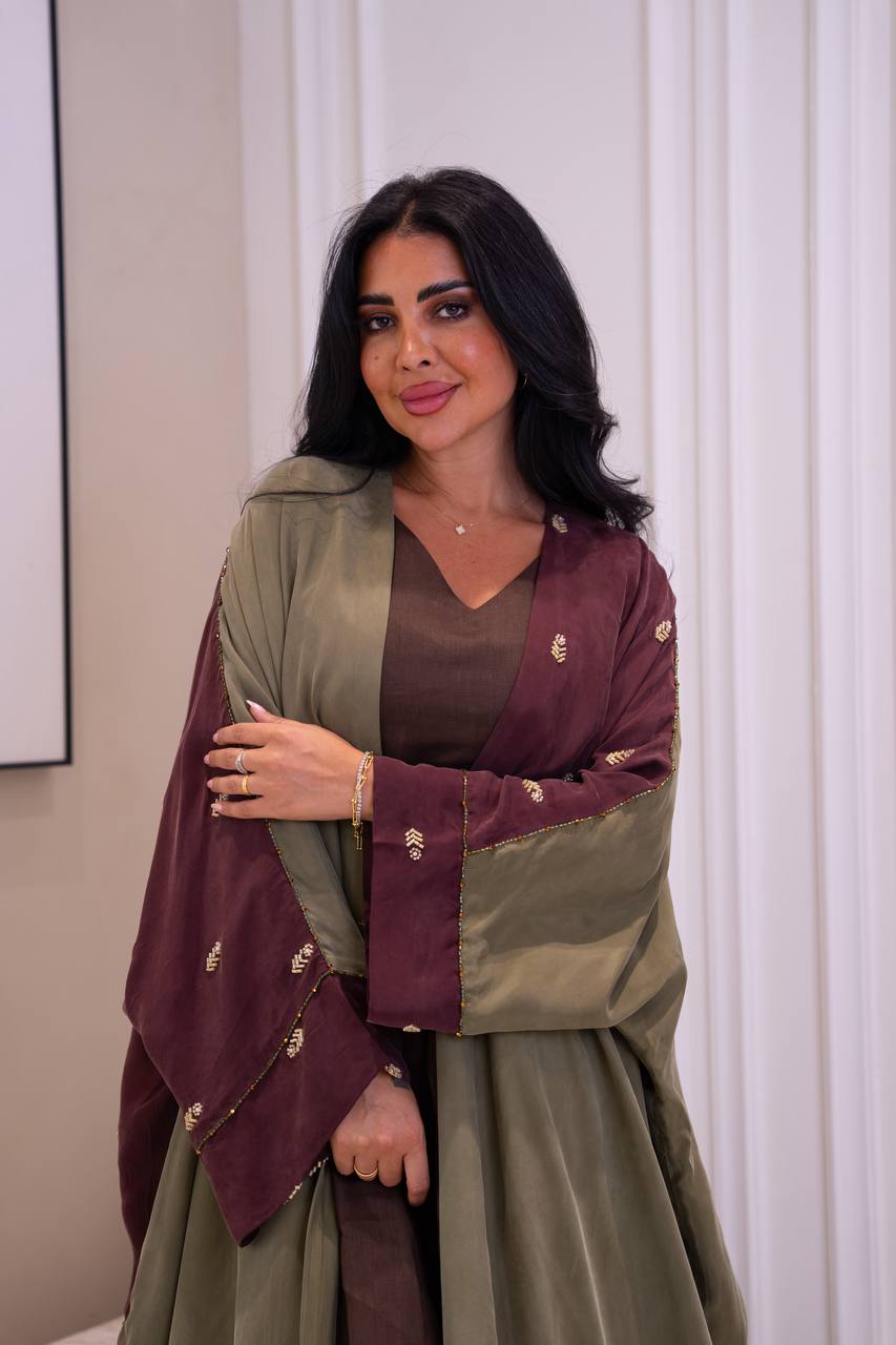 Olive green silk crepe bisht with beading and embroidery. C:1086