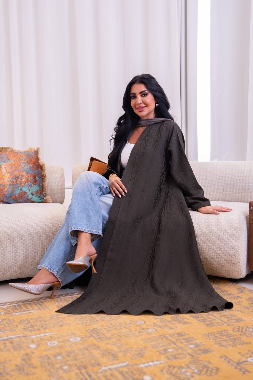Jacquard fabric abaya in olive green. C:1095