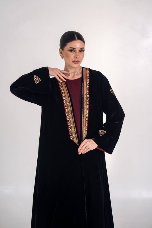 Black velvet abaya with hand embroidery