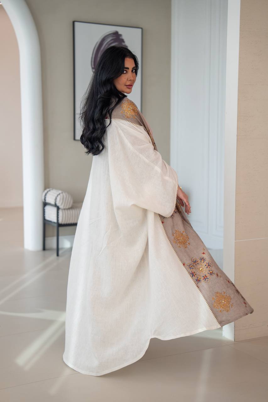 Linen bisht abaya with beading and embroidery