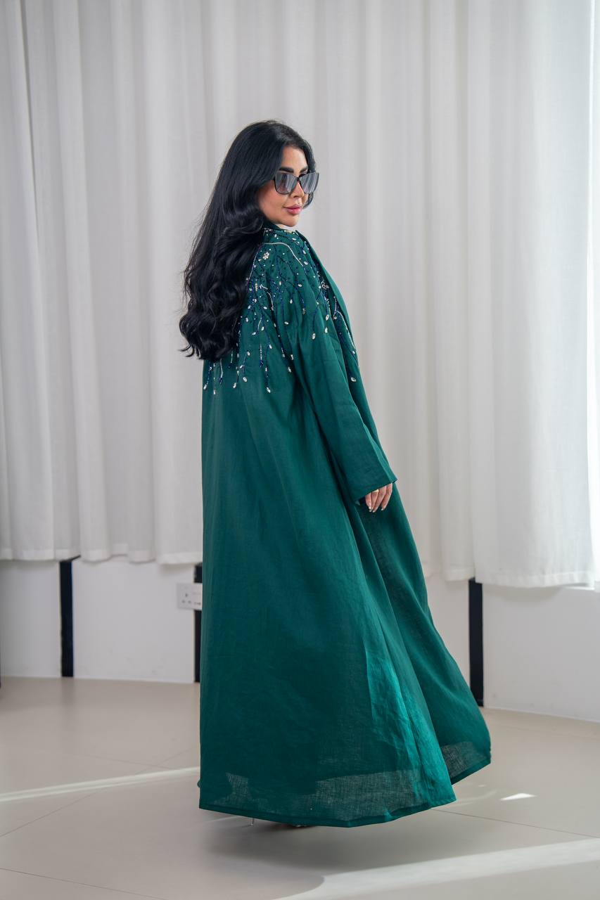 Green linen blazer abaya with hand-stitched details