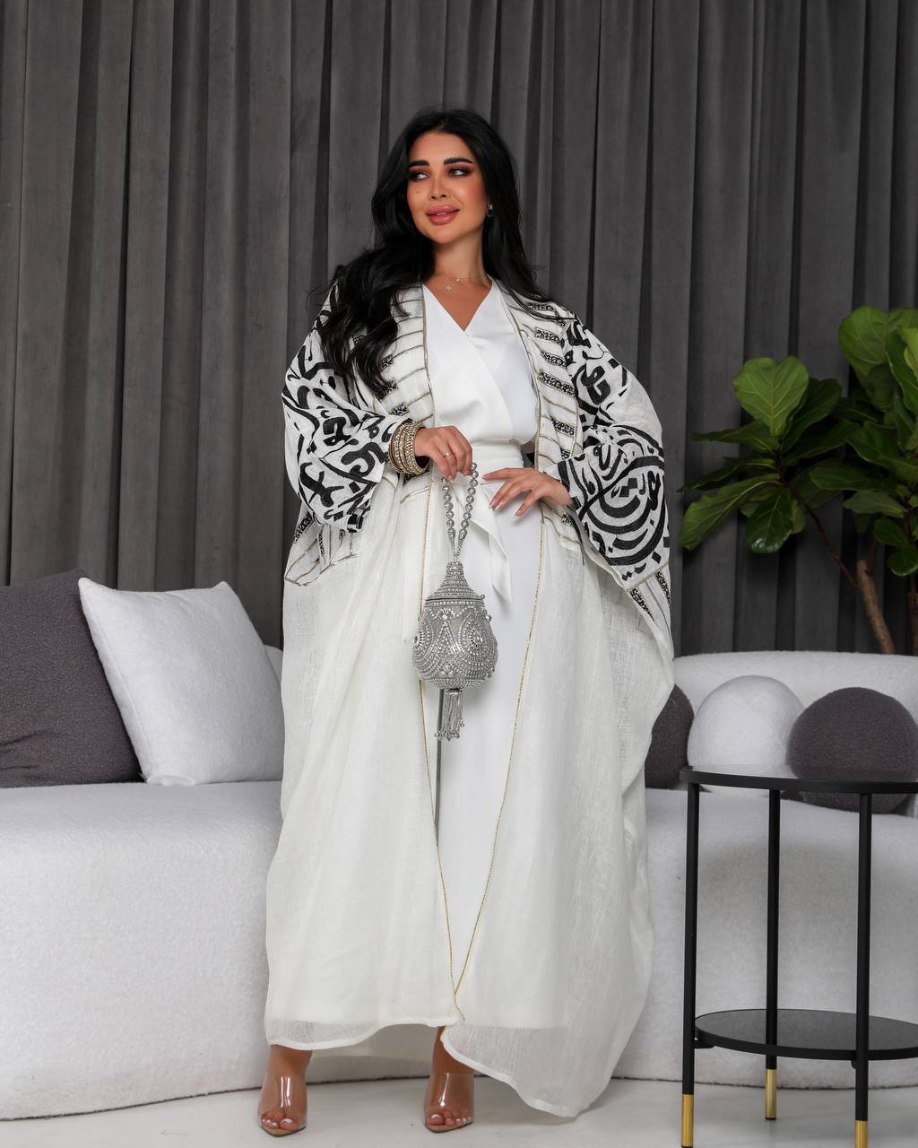 White abaya and jumpsuit set.C;1055