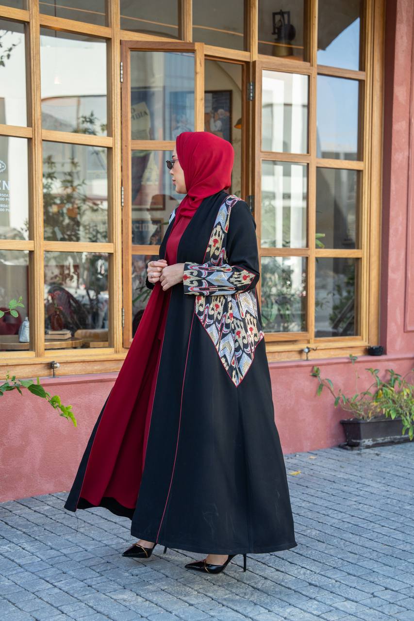 Black crepe abaya with embroidery.C;1062
